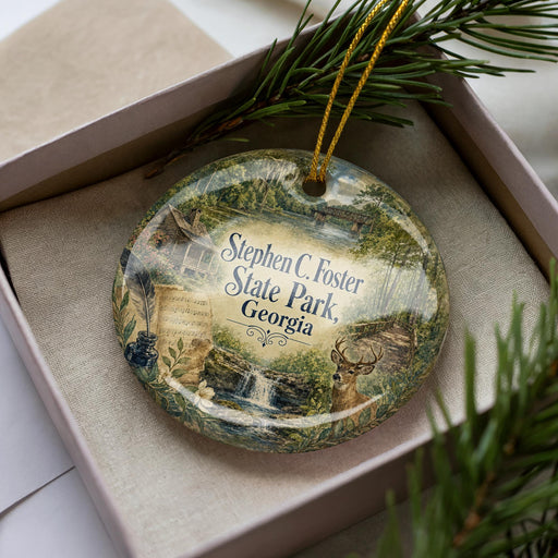 A decorative ornament in a box, featuring a scenic image of a park with a waterfall and deer.