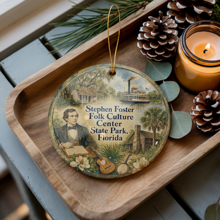 A wooden tray with a decorative ornament featuring a portrait of Stephen Foster, a figure holding a guitar, surrounded by pine cones and a lit candle.