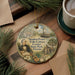 A round ornament featuring a portrait of a man, surrounded by illustrations of a house, palm trees, and other natural elements, with text indicating the location of the place.