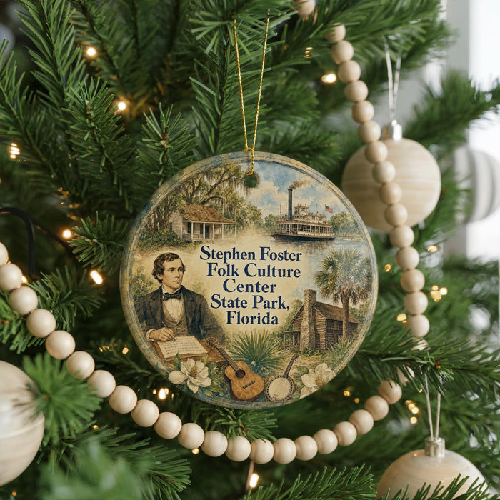 A round ornament hanging on a Christmas tree, featuring an illustration of a man playing a guitar and surrounded by various elements such as a boat, palm trees, and a house.