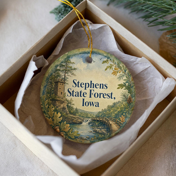 A decorative ornament in a white box, featuring a scenic landscape with a castle, trees, and a river.