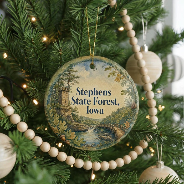 A round ornament hanging on a Christmas tree, featuring a scenic landscape with a castle, trees, and a river.