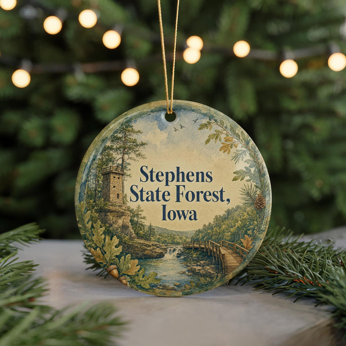 A round ornament with a scenic landscape of Stephens State Forest, Iowa, featuring a castle, a bridge, and a waterfall.