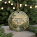 A round ornament with a scenic landscape of Stephens State Forest, Iowa, featuring a castle, a bridge, and a waterfall.