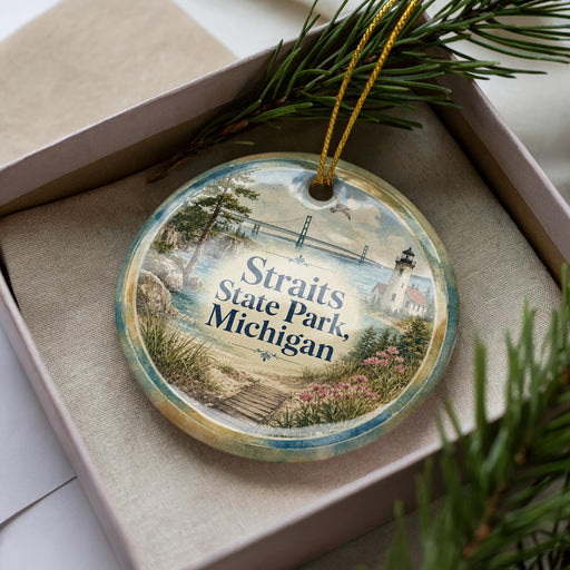 A decorative ornament in a box, featuring a scenic image of Straits State Park, Michigan.
