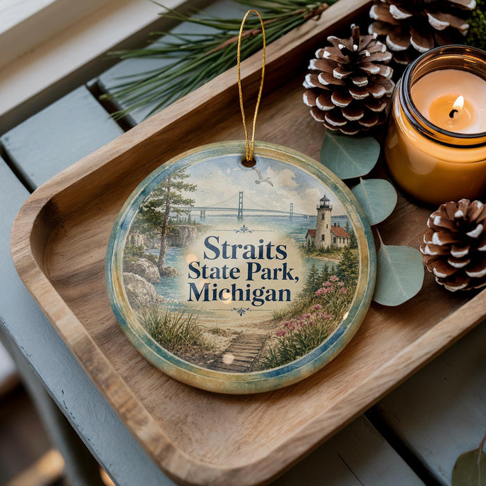 A decorative ornament featuring a scenic image of Straits State Park, Michigan, with a lighthouse in the background. The ornament is placed on a wooden tray, surrounded by pine cones and a lit candle.