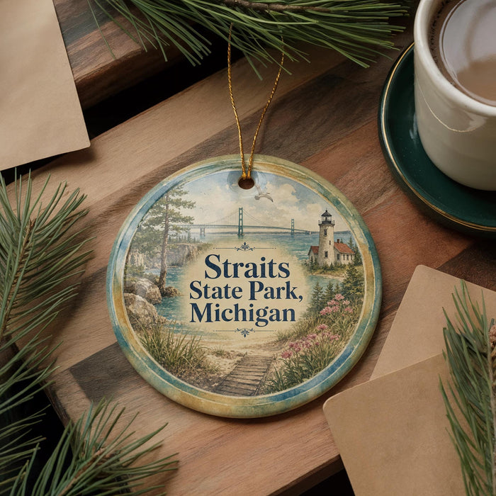 A decorative ornament featuring a scenic image of Straits State Park, Michigan, with a lighthouse in the background.
