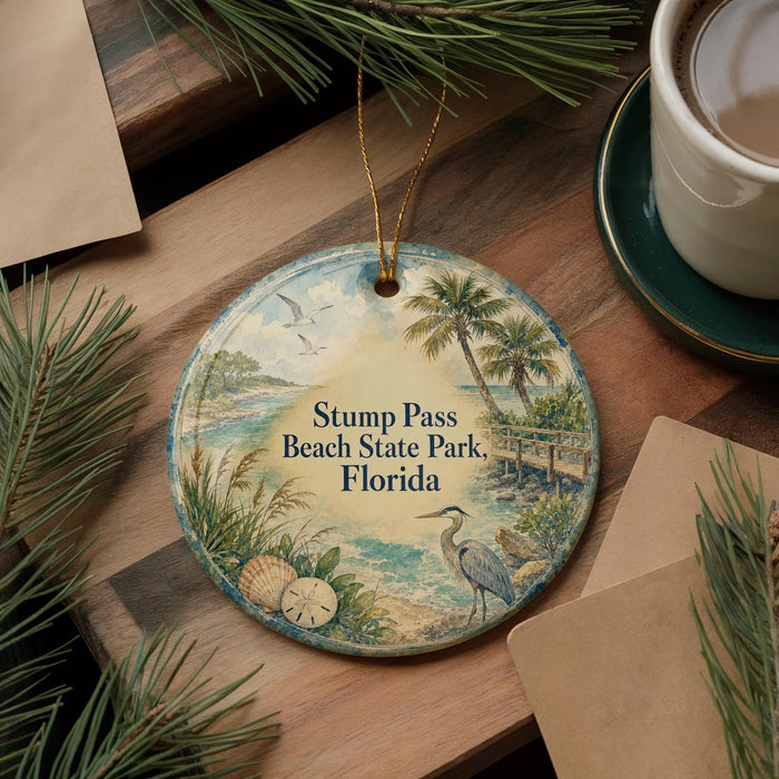 A round ornament with a beach scene and palm trees, featuring the text "Stump Pass Beach State Park, Florida" on it, is displayed on a wooden surface alongside a cup of coffee and some pine branches.