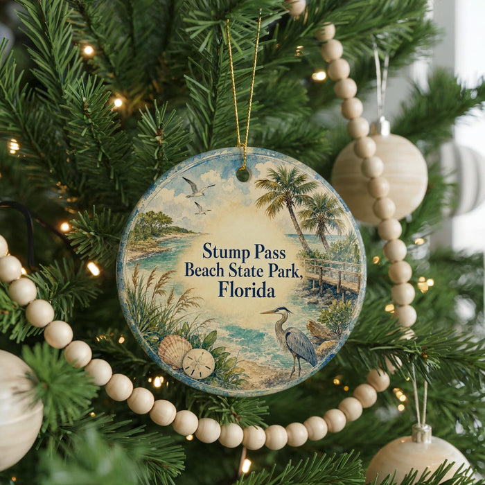 A round ornament hanging on a Christmas tree, featuring a beach scene with palm trees, a bird, and a body of water.