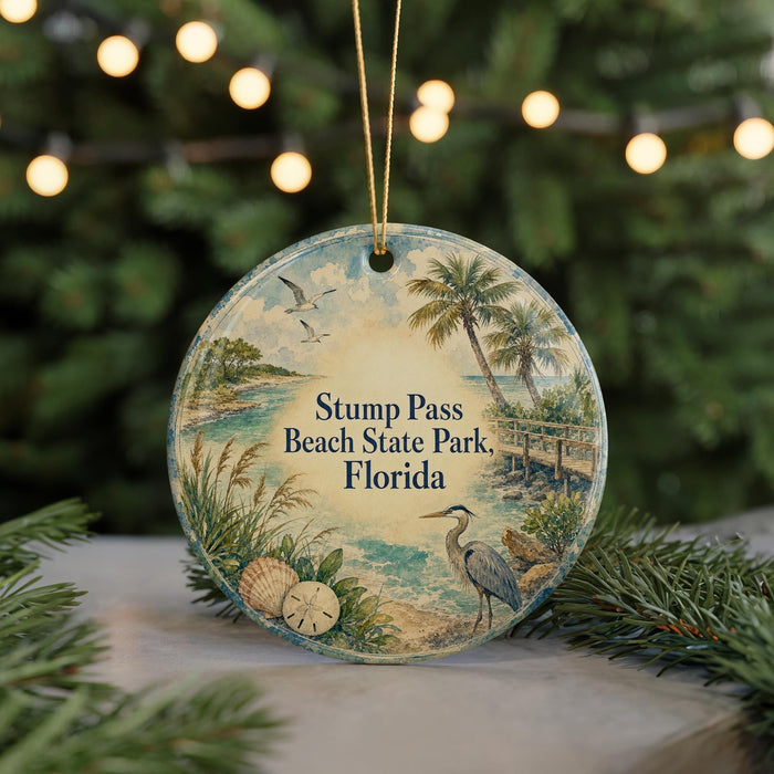 A round ornament with a beach scene and a bird, hanging on a string.