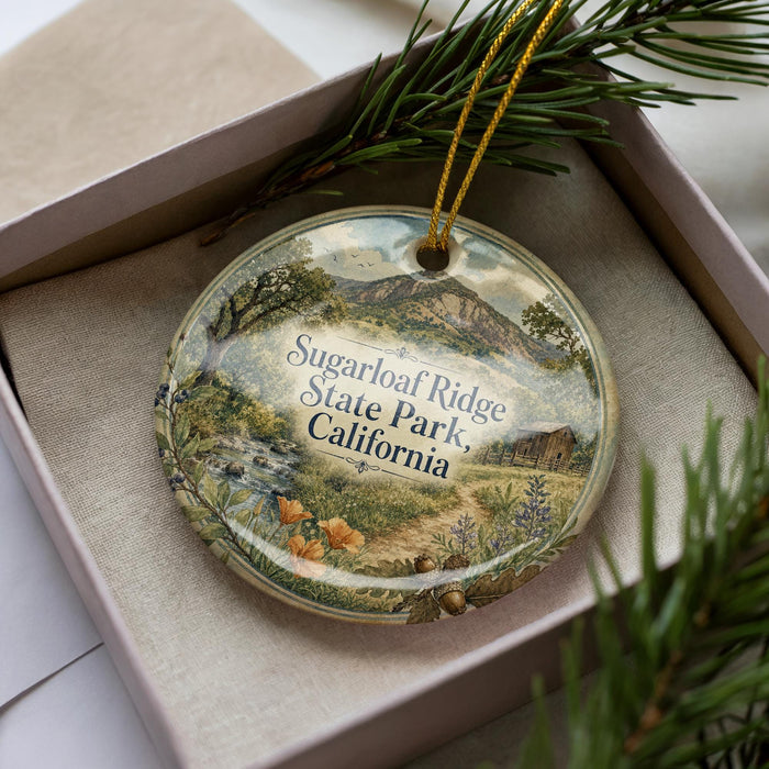 A decorative ornament in a box, featuring a scenic landscape with mountains, trees, and a path, with the text "Sugarloaf Ridge State Park, California" printed on it.
