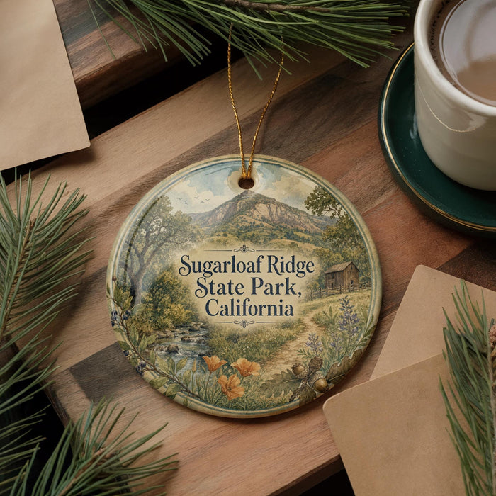 A decorative ornament with a scenic landscape of Sugarloaf Ridge State Park, California, featuring a mountain, trees, and a stream.