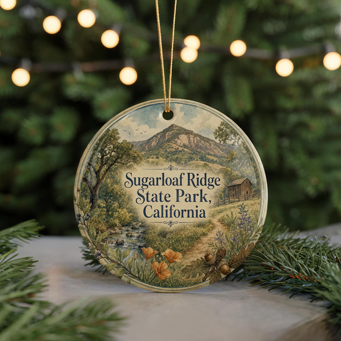 A round ornament with a scenic landscape of Sugarloaf Ridge State Park, California, featuring a mountain, trees, and a stream.