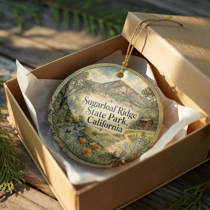 A decorative ornament in a wooden box, featuring a scenic landscape with mountains and a river, with the text "Sugarloaf Ridge State Park, California" printed on it.