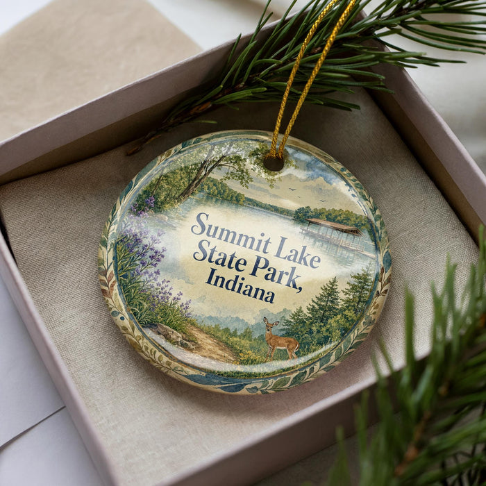 A decorative ornament in a box, featuring a scenic landscape with a lake, mountains, and pine trees.