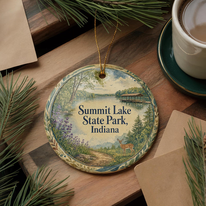 A decorative ornament with a scenic lake and forest landscape, featuring the text "SUMMIT LAKE STATE PARK, INDIANA" on it, is displayed on a wooden surface alongside a cup of coffee and some pine branches.