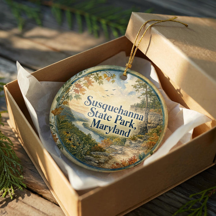 A decorative ornament in a box, featuring a scenic landscape with trees, a river, and a castle, with the text "Susquehanna State Park, Maryland" printed on it.