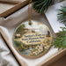 A decorative ornament with a scenic image of Sutter's Fort State Historic Park, California, hanging from a string.