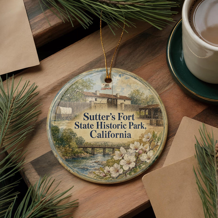 A decorative ornament with a painting of a historical building and a river, hanging on a wooden surface.