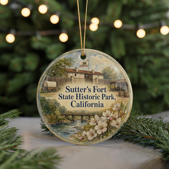 A round ornament with a painting of a historical building and a river, surrounded by greenery, hangs in front of a blurred background with twinkling lights.