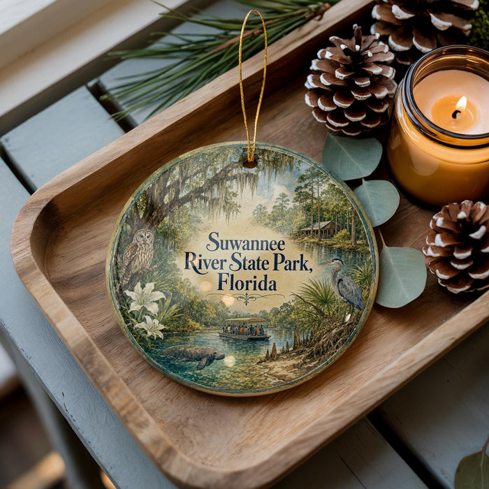 A decorative ornament featuring a scenic image of Suwannee River State Park, Florida, with a bird, palm tree, and waterway. The ornament is placed on a wooden tray, with pine cones and a lit candle nearby.
