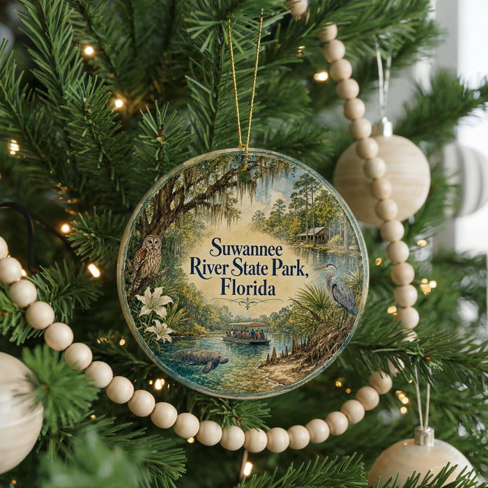A circular ornament hanging on a Christmas tree, featuring a scenic image of Suwannee River State Park, Florida.
