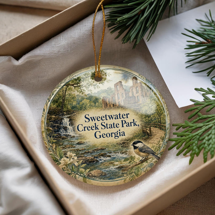 A decorative ornament with a scenic image of Sweetwater Creek State Park, Georgia, featuring a bird perched on a branch.
