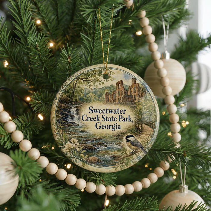A round ornament hanging on a Christmas tree, featuring a scenic image of Sweetwater Creek State Park in Georgia.