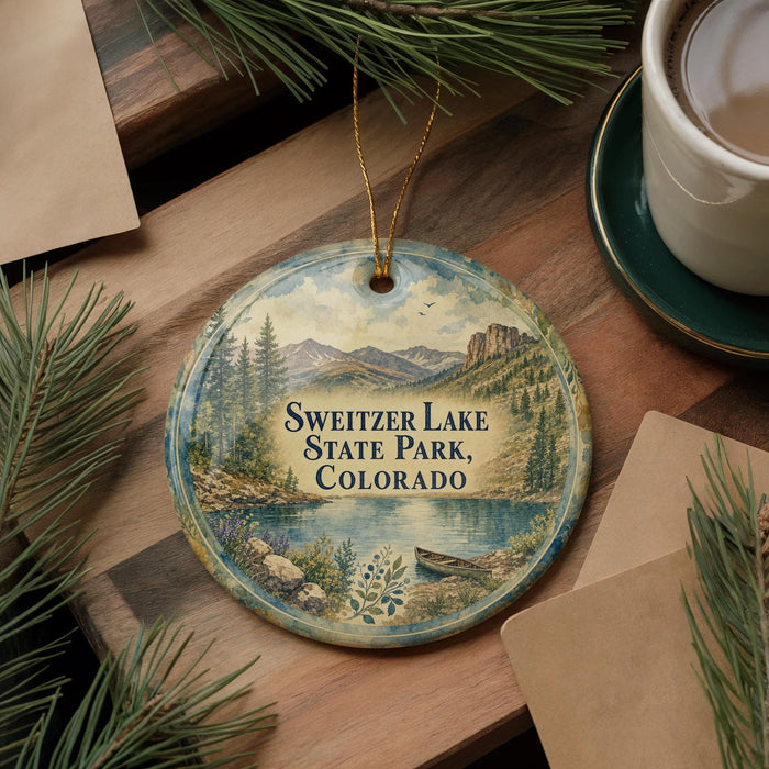 A round ornament with a scenic landscape of Swietzer Lake, State Park, Colorado, hangs on a wooden surface.