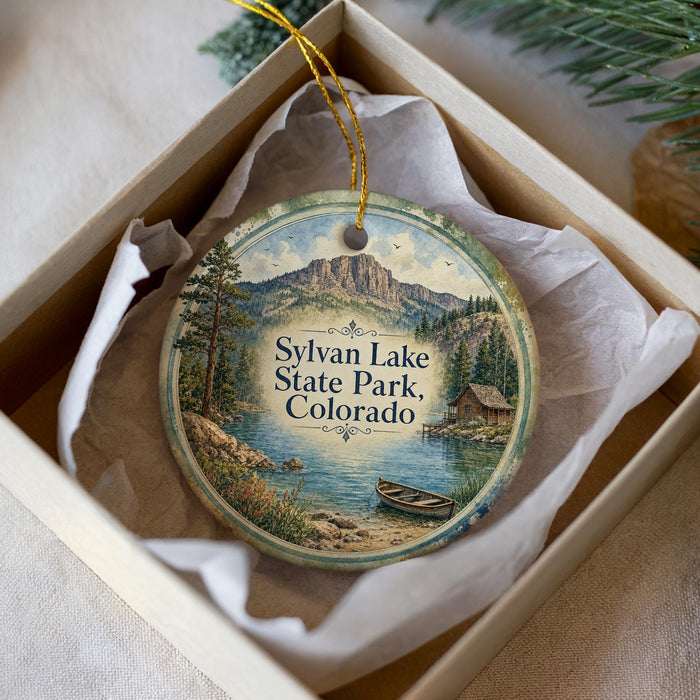 A round ornament with a scenic image of Syvan Lake State Park, Colorado, hanging from a string.