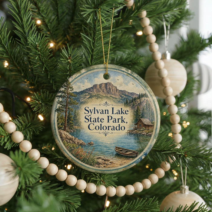 A round ornament hanging on a Christmas tree, featuring a scenic landscape with mountains, a lake, and a cabin.