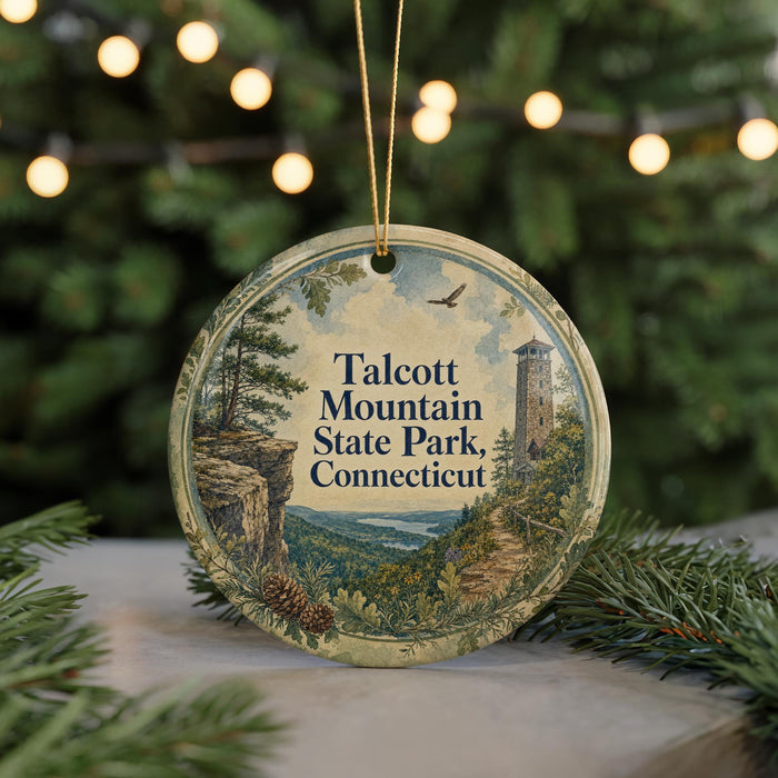 A round ornament with a scenic mountain landscape and a tower, hanging on a string.