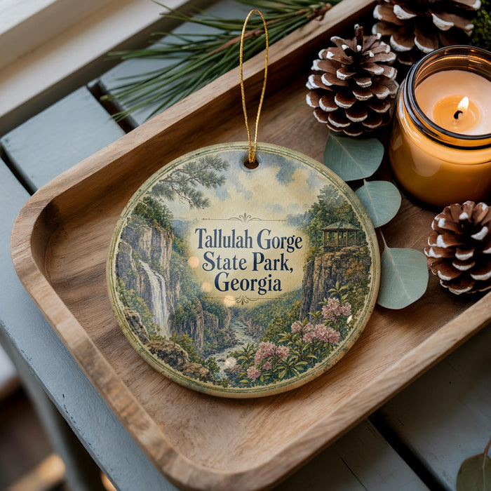A wooden tray with a decorative ornament featuring a scenic landscape of Tallulah Gorge State Park, Georgia, along with pine cones and a lit candle.
