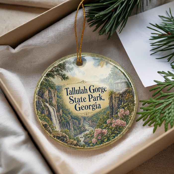 A decorative ornament with a scenic landscape of Tallulah Gorge State Park, Georgia, featuring a waterfall and lush greenery.