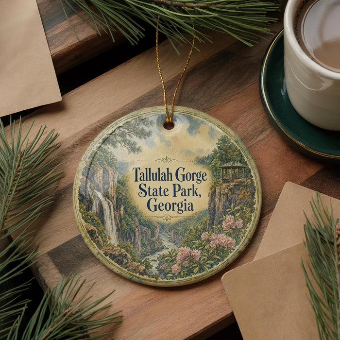 A circular ornament with a scenic image of Tallulah Gorge State Park, Georgia, hanging on a wooden surface.