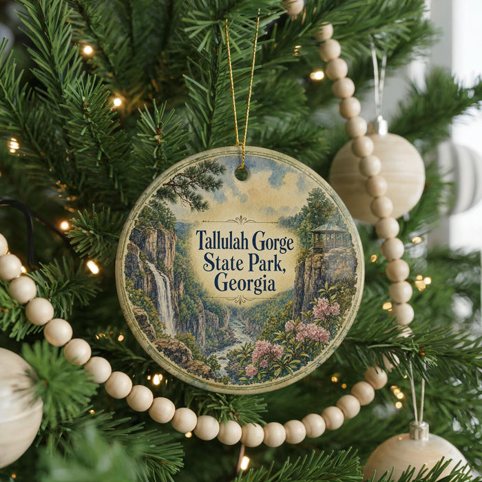 A circular ornament hanging on a Christmas tree, featuring a scenic image of Tallulah Gorge State Park in Georgia.