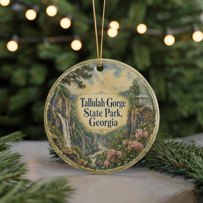 A circular ornament with a scenic landscape of Tallulah Gorge State Park, Georgia, featuring a waterfall and pine trees, is displayed on a table with Christmas lights in the background.