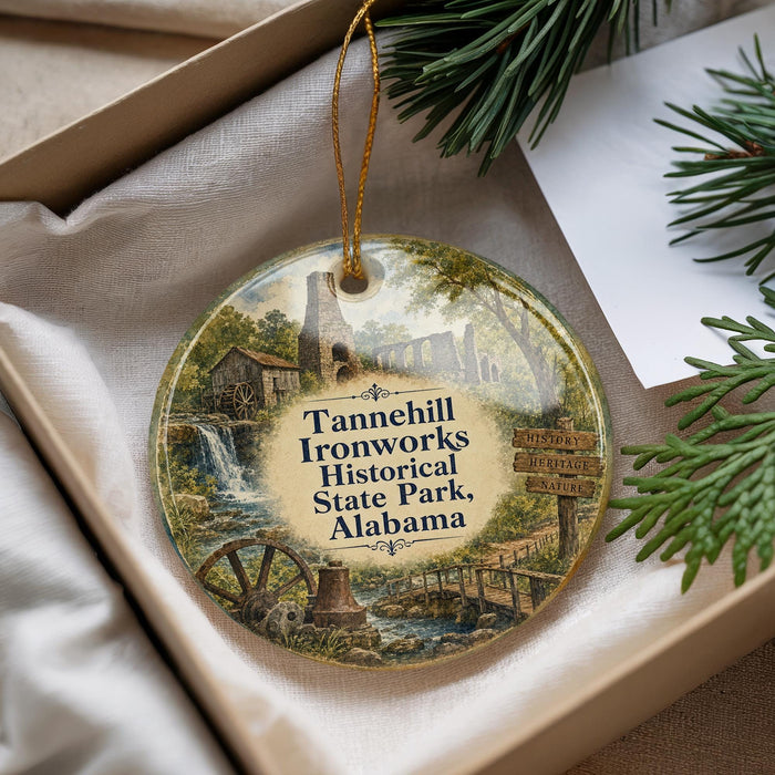 A decorative ornament with a scenic image of a historical site, specifically Tannenhill Ironworks Historical State Park, Alabama, displayed in a box with pine branches.
