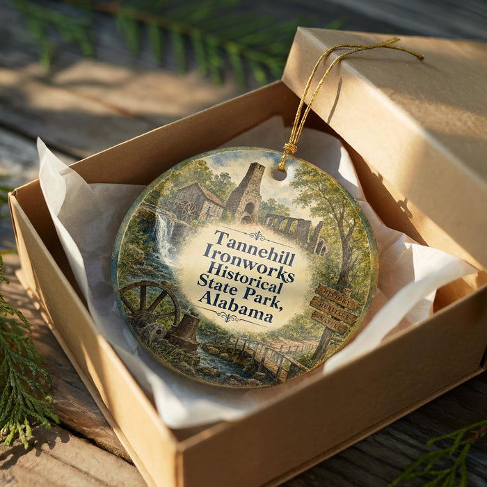 A decorative ornament in a wooden box, featuring a scenic landscape with a river, buildings, and trees.