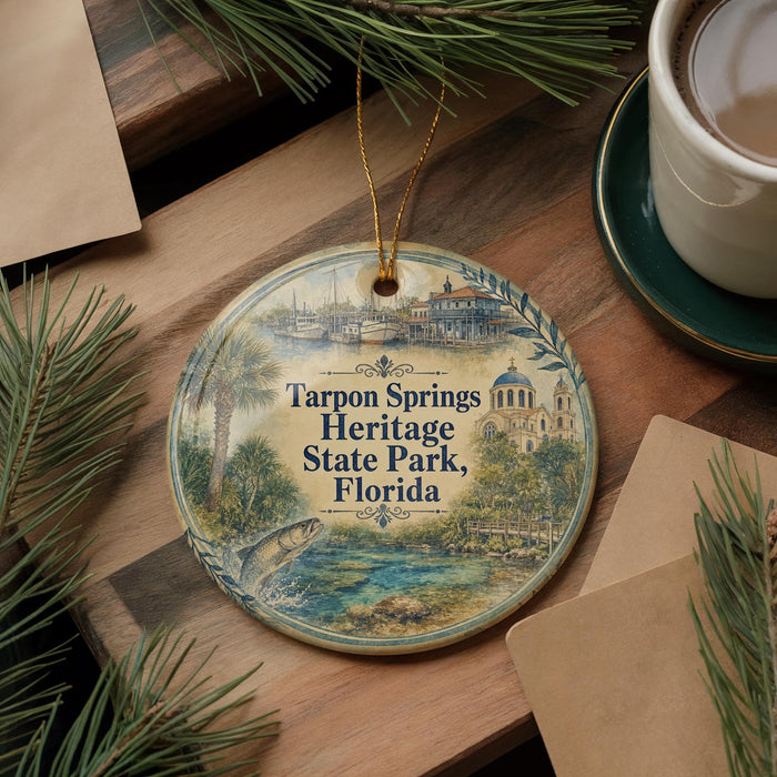 A decorative ornament featuring a scenic image of Tarpon Springs Heritage State Park, Florida, with a cup of coffee and pine branches in the background.