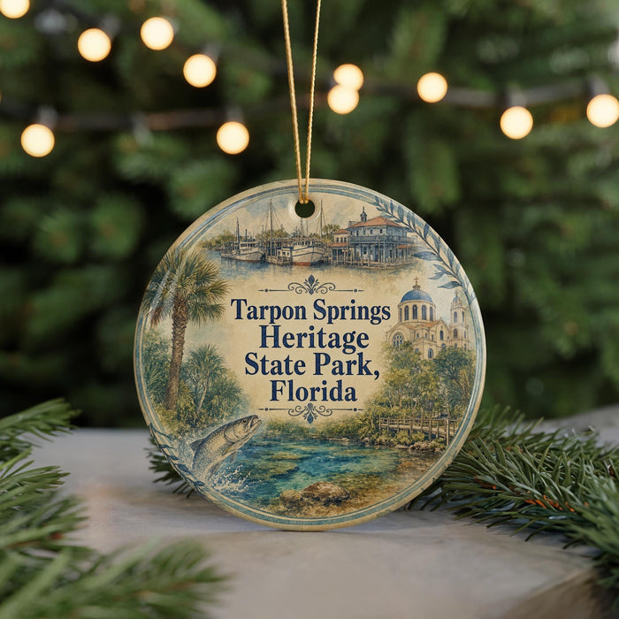 A round ornament with a painting of a scenic view of Tarpon Springs Heritage State Park, Florida, hanging on a string.