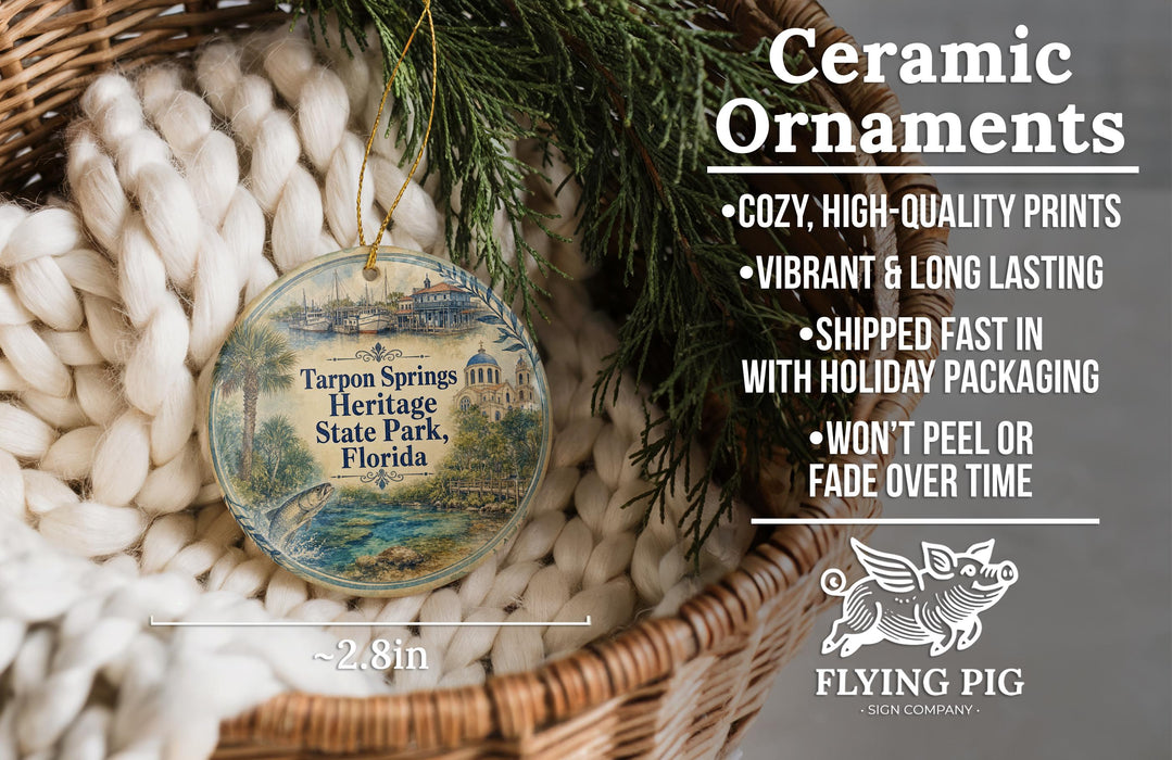 Ceramic ornaments, featuring a detailed illustration of Tarpon Springs Heritage State Park, Florida, are displayed in a wicker basket. The text highlights the ornaments as "Cozy, High-quality Prints", "Vibrant & Long Lasting", "Shipped Fast in with Holiday Packaging", and " Won't Peel or Fade Over Time". The image also includes a scale for the ornaments, indicating they are approximately 2.8 inches in diameter.