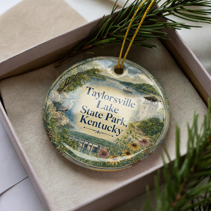 A decorative ornament with a scenic image of Taylorville Lake, State Park, and Kentucky, featuring a bird, flowers, and a castle, is displayed in a box with pine branches.