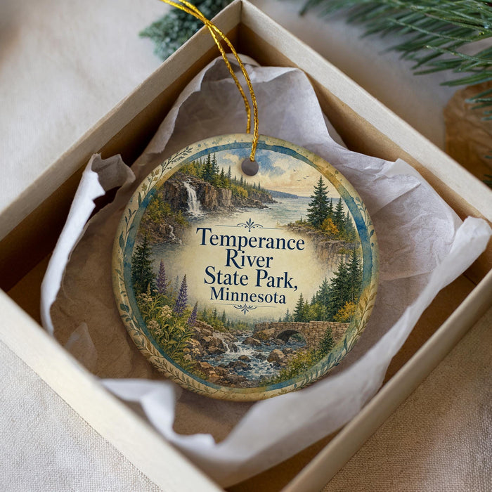 A decorative ornament in a box, featuring a scenic landscape with a waterfall and pine trees, with the text "Temperance River State Park, Minnesota" printed on it.