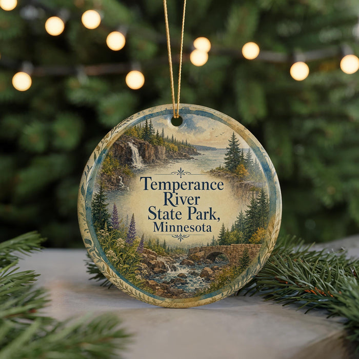 A circular ornament with a scenic landscape of a river, forest, and waterfall, featuring the text "Temperance River State Park, Minnesota".