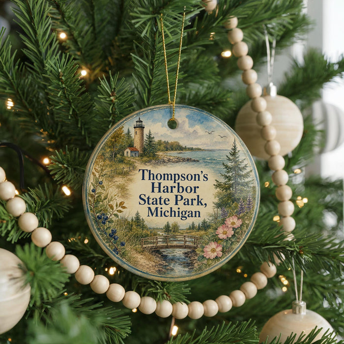 A round ornament hanging on a Christmas tree, featuring a lighthouse and a scenic landscape.