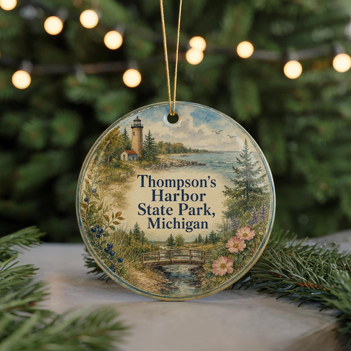 A round ornament with a lighthouse and a scenic landscape, featuring the text "Thomson's Harbor State Park, Michigan" on it.