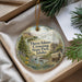 A decorative ornament with a scenic landscape of Three Island Crossing State Park, Idaho, featuring a wagon and pine trees.