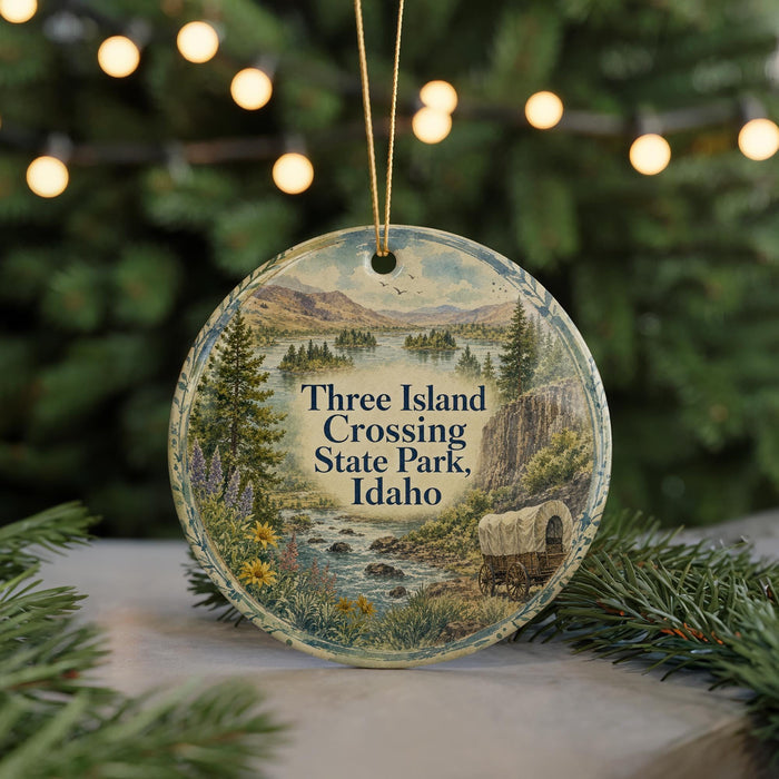 A round ornament with a scenic landscape of Three Island Crossing State Park, Idaho, featuring a wagon and a river.