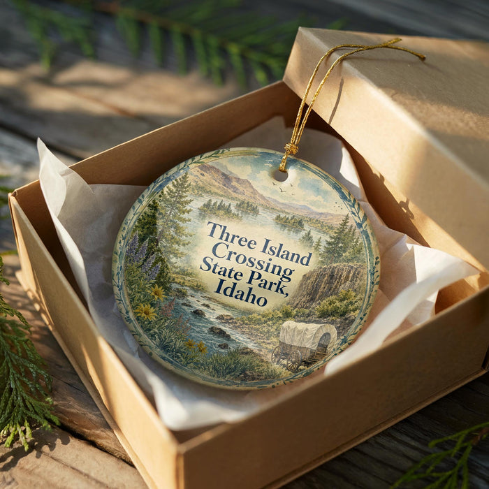 A decorative ornament in a wooden box, featuring a scenic landscape with a river, mountains, and a covered wagon, along with the text "Three Island Crossing State Park, Idaho".